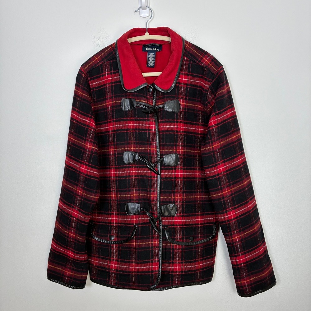 Retro Denim & Co Plaid Toggle Jacket Women's Large Faux Leather Trim Fall Winter